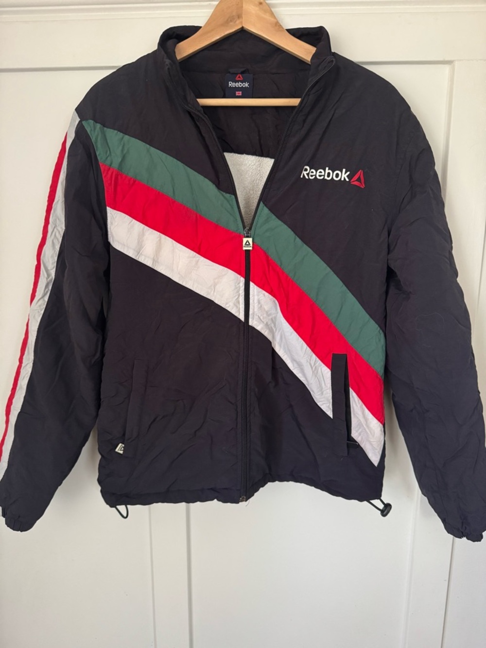 VINTAGE 90s Reebok Fleece-Lined Windbreaker Jacket - Black/Green/Red - Mens M